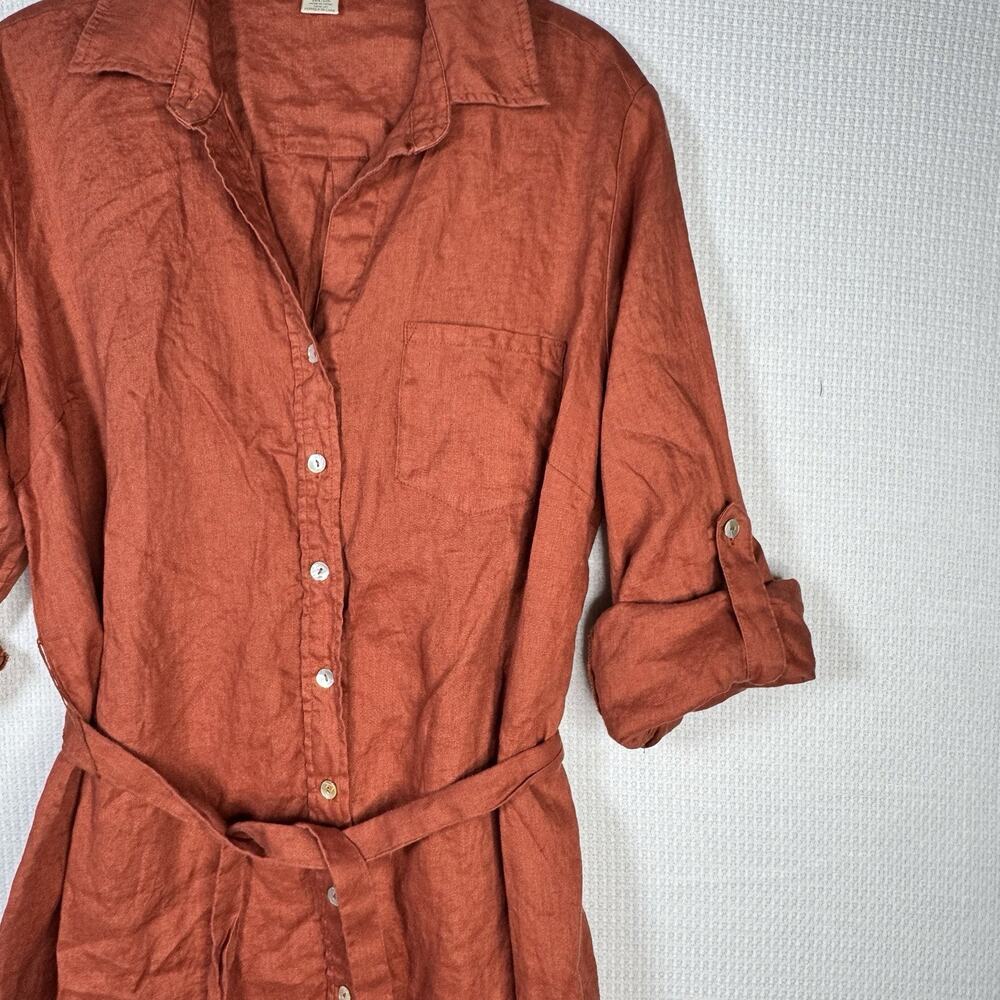 Magaschoni 100% Linen Shirt Dress Coral Roll Tab Sleeve Belted Size Large - Picture 6 of 13